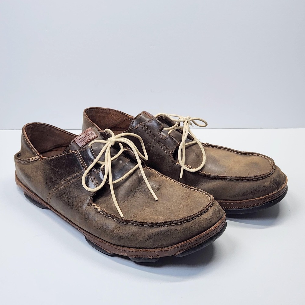 OluKai Ohana Lace Up Nubuck Shoes Mens Size 11.5 Brown Leather Moccasins Comfort